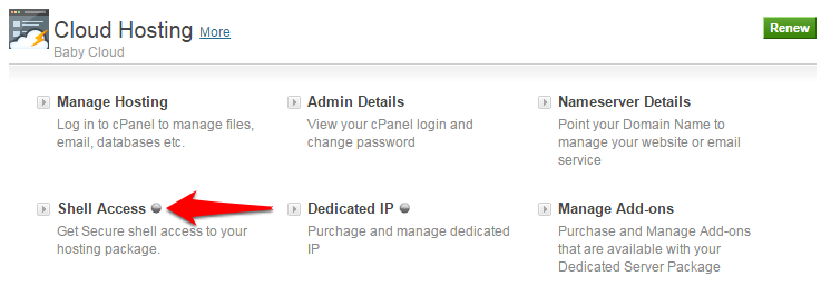 Navigation in the Cloud Hosting Control Panel to Enable SSH